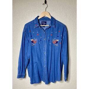 Vintage Let’s Quizz Again Denim Shirt XL Teddy Bears Hearts Flag Embroidered